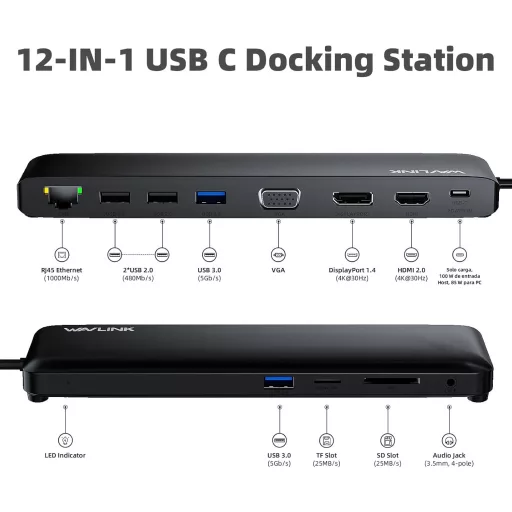 WAVLINK USB-C dokkoló 3 monitor támogatással, HDMI/DP/VGA, 100W töltés, Ethernet, SD/TF olvasó