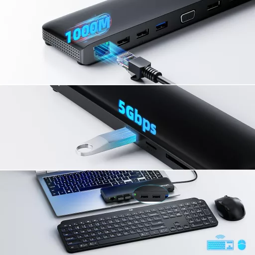 WAVLINK USB-C dokkoló 3 monitor támogatással, HDMI/DP/VGA, 100W töltés, Ethernet, SD/TF olvasó