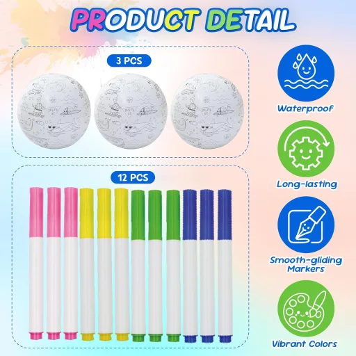 JOY SPOT! 3 db felfújható vízilabda festőszett, 40,6 cm strandball 12 filctollal