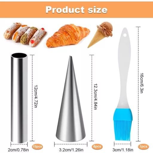 YZDZSW 21 részes rozsdamentes cannoli forma szett, nem tapadó krémsürgős kúp sütőforma kefével
