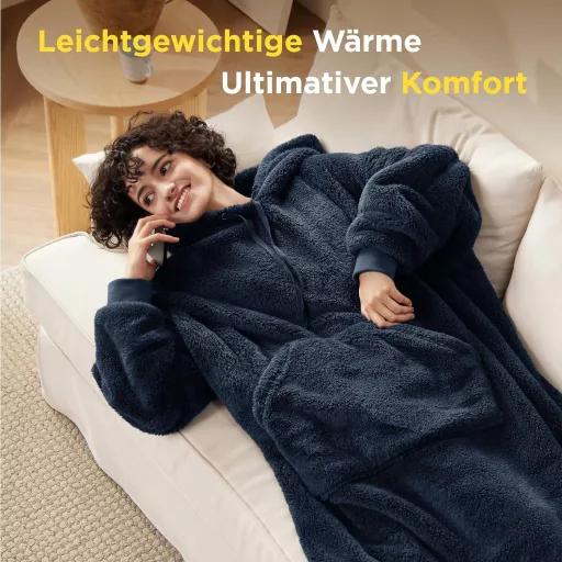 BEDSURE Kapucnis Takaró Ujjal, Puha Meleg Flanel Pulóver Nőknek és Férfiaknak, Sötétkék