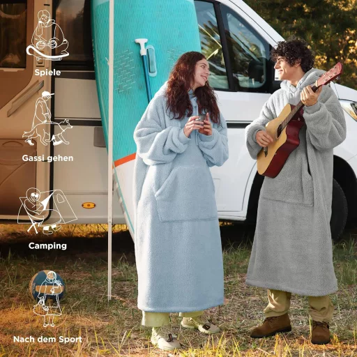 BEDSURE Kapucnis Takaró Ujjal, Plüss Pulóver Nőknek és Férfiaknak, Meleg Viselhető Takaró Felnőtteknek, Sötétkék