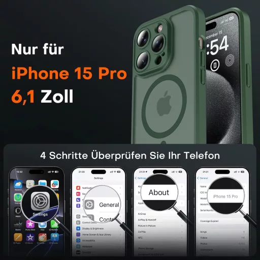 TOCOL iPhone 15 Pro MagSafe tok, kamera védelemmel, ütésálló, alpesi zöld