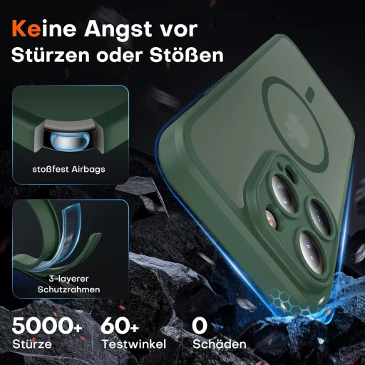 TOCOL iPhone 15 Pro MagSafe tok, kamera védelemmel, ütésálló, alpesi zöld