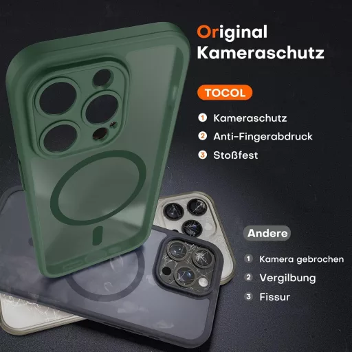 TOCOL iPhone 15 Pro MagSafe tok, kamera védelemmel, ütésálló, alpesi zöld