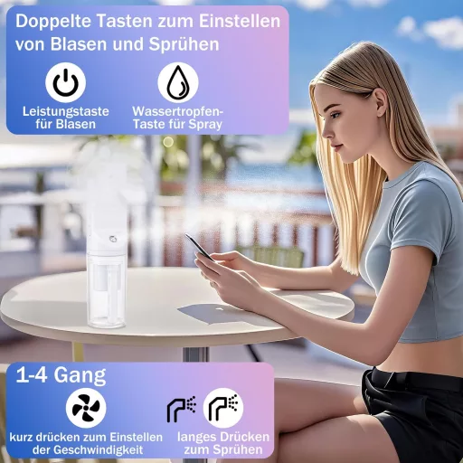 JIZZU Kézi Ventilátor Víz Permetezővel, Akkumulátoros Mini Ventillátor 4 Fokozatú Sebességszabályozással, Fehér