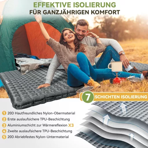 HIKENTURE Kétszemélyes Kempingmatrac 6.2 R-Értékkel - 8 cm Vastag Felfújható Matrac 140x200 cm, 4 Évszakos Túramatrac Kempingezéshez, Túrázá