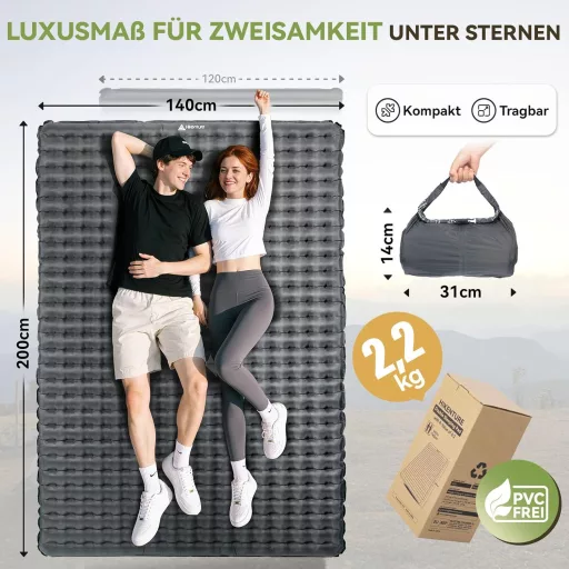 HIKENTURE Kétszemélyes Kempingmatrac 6.2 R-Értékkel - 8 cm Vastag Felfújható Matrac 140x200 cm, 4 Évszakos Túramatrac Kempingezéshez, Túrázá