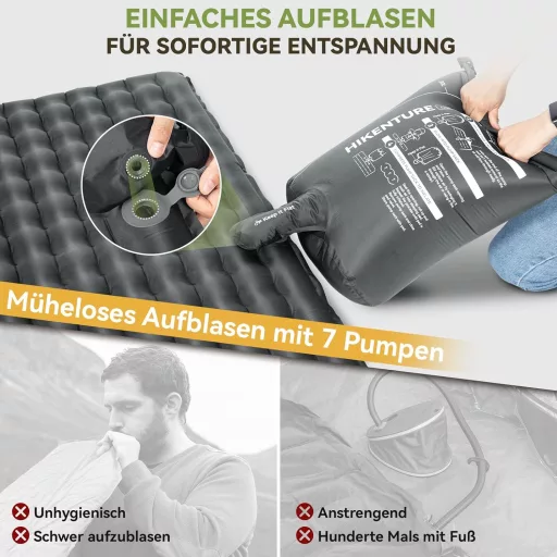 HIKENTURE Kétszemélyes Kempingmatrac 6.2 R-Értékkel - 8 cm Vastag Felfújható Matrac 140x200 cm, 4 Évszakos Túramatrac Kempingezéshez, Túrázá