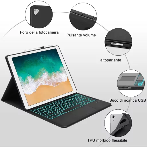 WAVATA iPad Pro 12,9" Bluetooth Billentyűzet Tok Háttérvilágítással