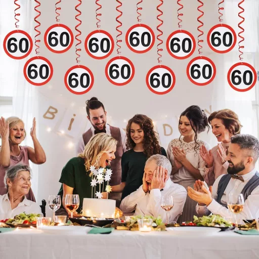 Augesak 60. születésnapi dekoráció szett, 12 db forgalmi tábla spirál füzér