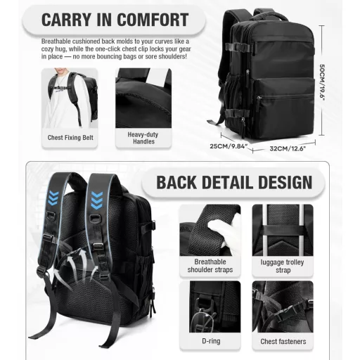 Rucsac cu Vacuum BOXSAM pentru Călătorii, Bagaj de Mână, Geantă de Avion 45x20x36cm