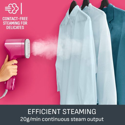 Tefal Pure Pop Slim kézi ruhasteamer 70ml tartállyal, 15 másodperc alatt kész, utazási gőzölő, rózsaszín