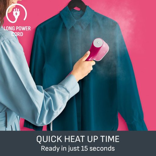 Tefal Pure Pop Slim kézi ruhasteamer 70ml tartállyal, 15 másodperc alatt kész, utazási gőzölő, rózsaszín