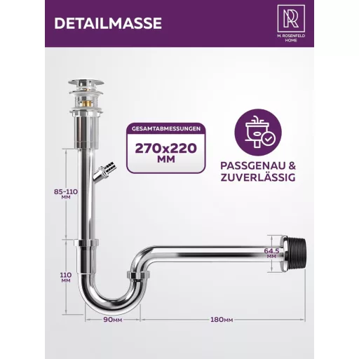 M. ROSENFELD HOME Rozsdamentes Siphon 1 1/4" - Mosógéphez, Magasságállítható, Fali Rozetta