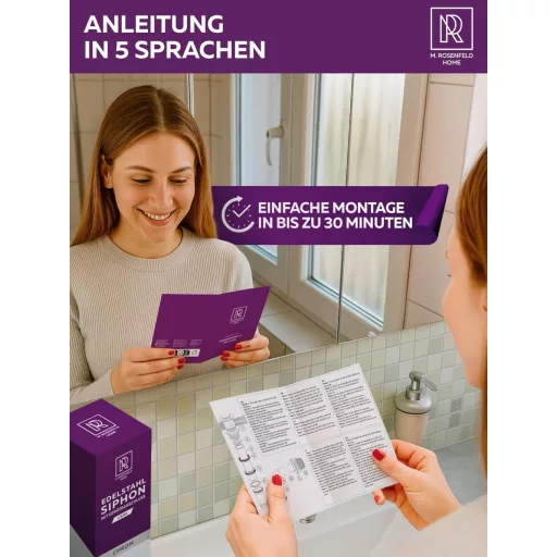 M. ROSENFELD HOME Sifon inoxidabil 1 1/4" - Pentru mașină de spălat, reglabil pe înălțime, rozetă de perete