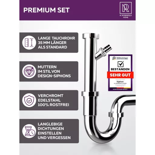 M. ROSENFELD HOME Sifon inoxidabil 1 1/4" - Pentru mașină de spălat, reglabil pe înălțime, rozetă de perete