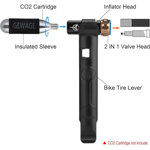 Pompă de bicicletă GEWAGE CO2 cu cartușe de 16g, pentru valve Presta și Schrader