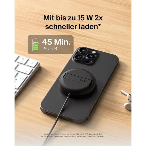 Belkin 15W MagSafe Mágneses Vezeték Nélküli Töltő Állvánnyal iPhone Samsung AirPods Qi2 Fekete