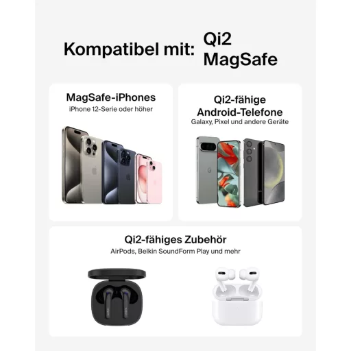 Belkin 15W MagSafe Mágneses Vezeték Nélküli Töltő Állvánnyal iPhone Samsung AirPods Qi2 Fekete