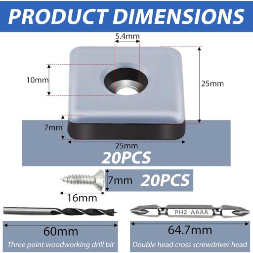 TXErfolg teflónové klzáky 20 ks 25 mm skrutkovacie, štvorcové, ochrana podlahy