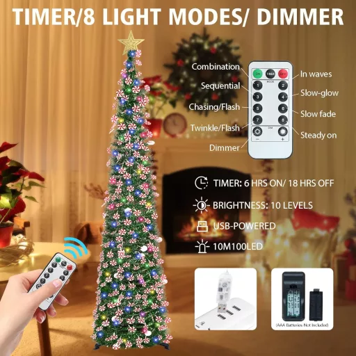 HMASYO 180 cm Fenyő Karácsonyfa Időzítővel, 100 LED Világítással, Távirányítóval, USB Üzemeltetésű