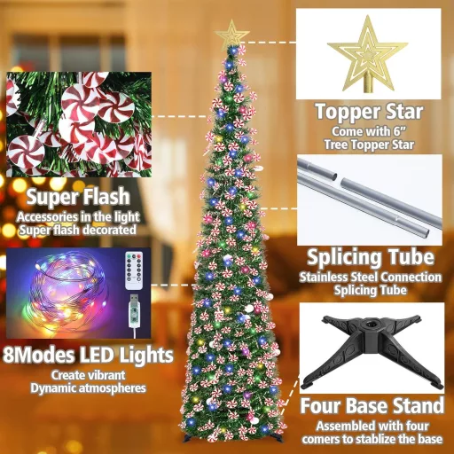 HMASYO 180 cm Fenyő Karácsonyfa Időzítővel, 100 LED Világítással, Távirányítóval, USB Üzemeltetésű