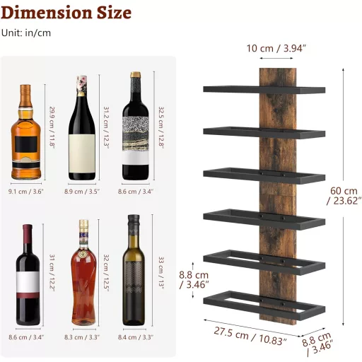 FAVOOSTY Suport de perete pentru sticle de vin - Suport metalic pentru 6 sticle, negru, suspendat, pentru sufragerie, dormitor, cramă