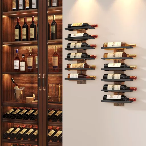 FAVOOSTY Suport de perete pentru sticle de vin - Suport metalic pentru 6 sticle, negru, suspendat, pentru sufragerie, dormitor, cramă