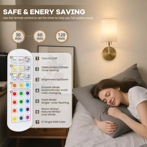 EIDEARAY Vezeték nélküli fali lámpa 2 db, 5000 mAh akkumulátor, szövet árnyékoló