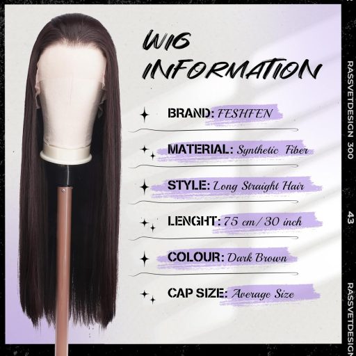 FESHFEN Sötétbarna Csipke Elülső Paróka 75cm Hosszú Egyenes Szintetikus Haj Nőknek