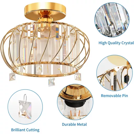 Plafonieră aurie ANWIO cu cristale, 28 cm, candelabru modern pentru sufragerie, dormitor, bucătărie