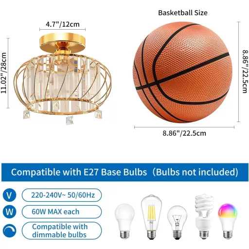 Plafonieră aurie ANWIO cu cristale, 28 cm, candelabru modern pentru sufragerie, dormitor, bucătărie