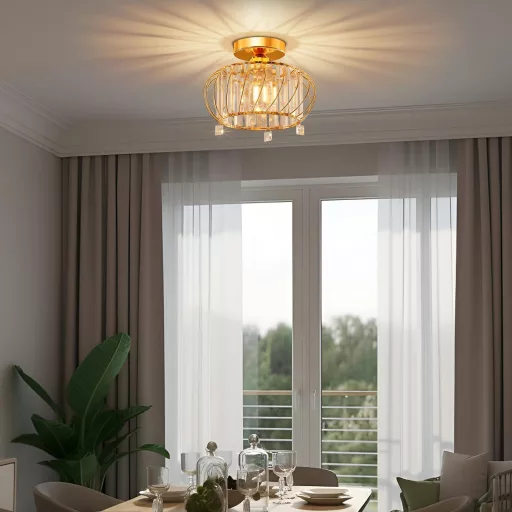 Plafonieră aurie ANWIO cu cristale, 28 cm, candelabru modern pentru sufragerie, dormitor, bucătărie