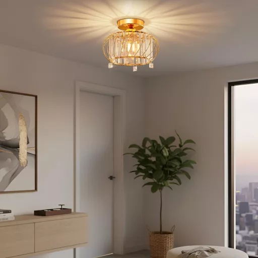 Plafonieră aurie ANWIO cu cristale, 28 cm, candelabru modern pentru sufragerie, dormitor, bucătărie