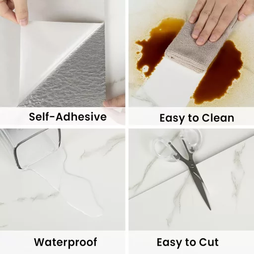 Set 10 bucăți plăci autoadezive de perete cu model de marmură 60x30 cm pentru bucătărie și baie