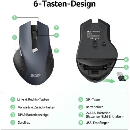Acer Wireless Egér 2.4 GHz 1600 DPI 6 Gombos Jobb Kezes Laptop PC MacBook