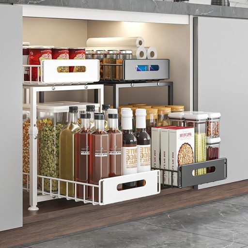 YunNasi Konyhai Szekrény Szervező 2 Szintes Polc Fekete Mosogató Alatti Tároló