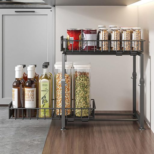 YunNasi Konyhai Szekrény Szervező 2 Szintes Polc Fekete Mosogató Alatti Tároló