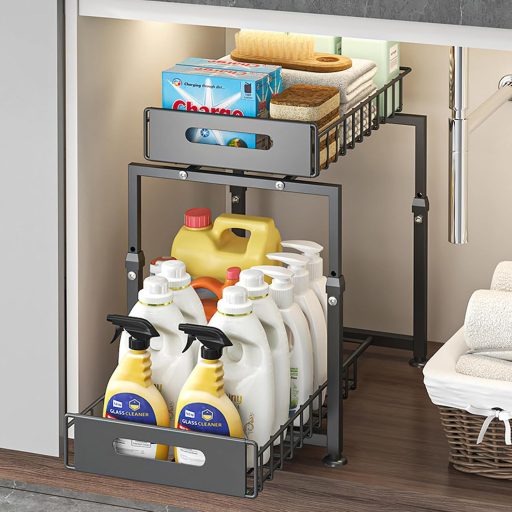 YunNasi Konyhai Szekrény Szervező 2 Szintes Polc Fekete Mosogató Alatti Tároló