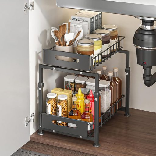 YunNasi Konyhai Szekrény Szervező 2 Szintes Polc Fekete Mosogató Alatti Tároló