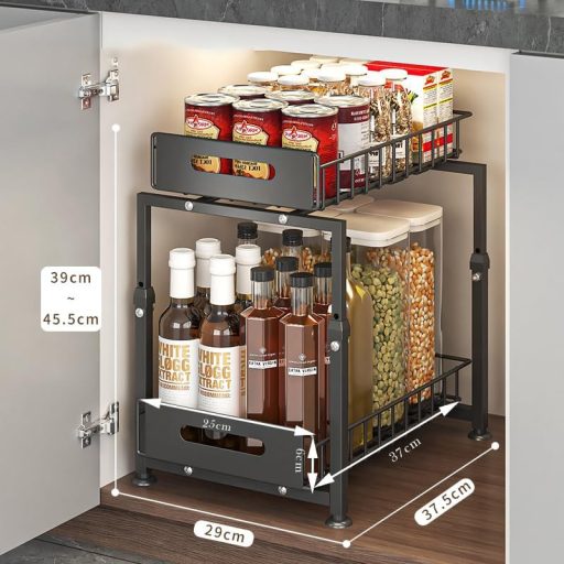 YunNasi Konyhai Szekrény Szervező 2 Szintes Polc Fekete Mosogató Alatti Tároló