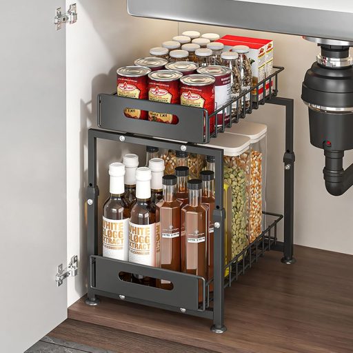 YunNasi Konyhai Szekrény Szervező 2 Szintes Polc Fekete Mosogató Alatti Tároló