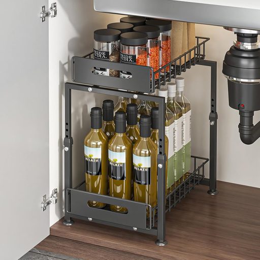 YunNasi Konyhai Szekrény Szervező 2 Szintes Polc Fekete Mosogató Alatti Tároló