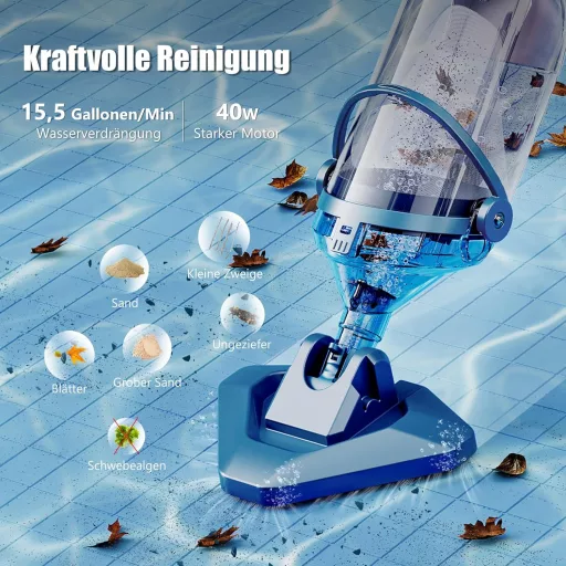 Enhulk Akkumulátoros Medence Porszívó 60 Perc Üzemidő, 222 cm Teleszkópos Rúd, 4200 L/H Szívóerő