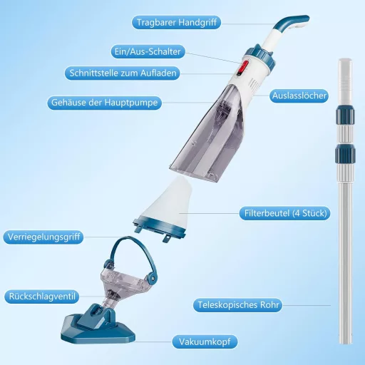 Akumulátorový bazénový vysávač Enhulk, výdrž 60 minút, 222 cm teleskopická tyč, sací výkon 4200 l/h