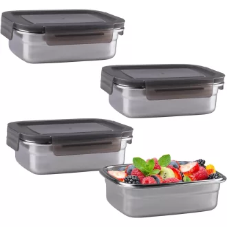   WakiHong 4 db-os Ételtartó Szett 650 ml, Fém Tárolódoboz Fedővel, Hűtőszekrény Tárolás - Black