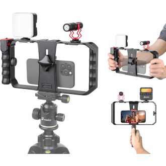   Zeadio Smartphone Vlogging Kit RGB LED Fénnyel és Mikrofonnal - Stabilizátor Cage iPhone Android-hoz