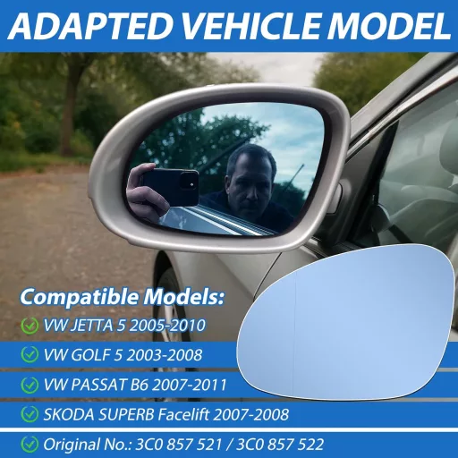 LbsAMP Fűthető Kék Visszapillantó Tükörlap VW Jetta/Golf/Passat és Skoda Superb modellekhez - Vakításcsökkentő, Bal oldali, 2003-2011