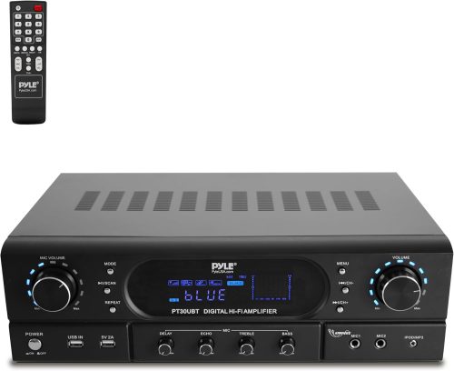 Pyle Bluetooth 5.3 Házimozi Erősítő - 2x30W Sztereó Rendszer MP3/USB/FM Támogatással, Visszhang/Mély/Magas Hangszabályzóval, Vezeték Nélküli